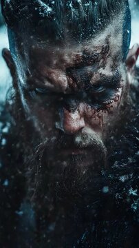 Portrait of a Battle-Worn Viking Warrior with Blood and Snow