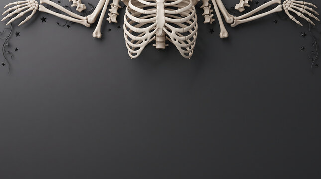Human skeleton rib cage and arms on black background for Halloween horror design template.