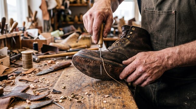 Craftsman Repairing Leather Boot with Awl in Rustic Workshop