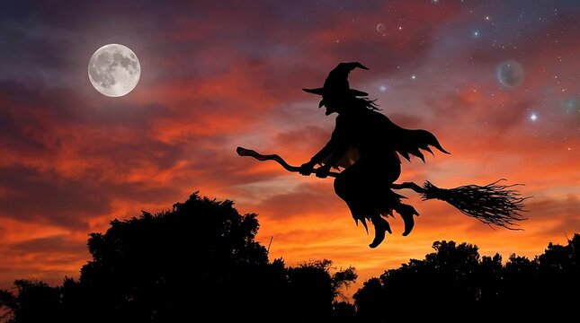 A silhouette of a witch on a broomstick flying against a vibrant sunset sky, with the moon and stars visible. The scene evokes a sense of magic and mystery, perfect for Halloween or fantasy themes.