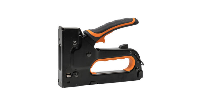 Heavy-duty staple gun, industrial black and orange manual stapler, professional upholstery tool for construction and DIY home repair