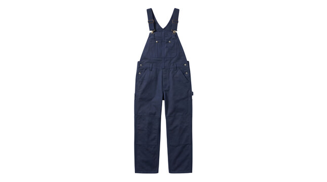 Navy blue denim overalls, classic cotton workwear dungarees for men and women, durable industrial utility bib pants on white background