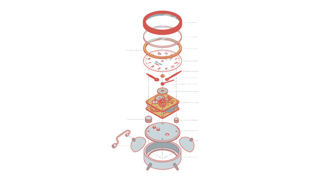 Exploded view diagram of mechanical alarm clock parts. EPS Editable