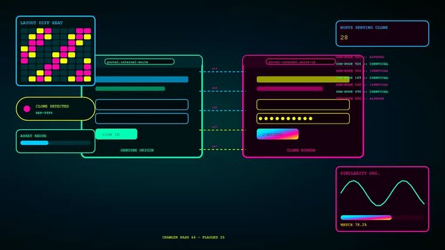A digital Phishing alert animation displays glowing neon windows and graphical overlays showing data transfer patterns moving across a dark screen during a surveillance operation