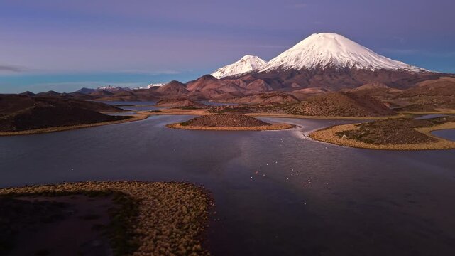 Parinacota Volcano above Cotacotani Lagoons in Chile