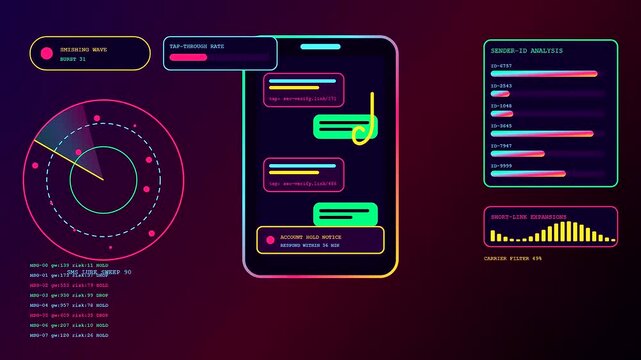 A digital phishing alert display shows multiple smartphone interfaces with glowing neon data graphs and radar overlays tracking cyber threats in a dark virtual workspace environment
