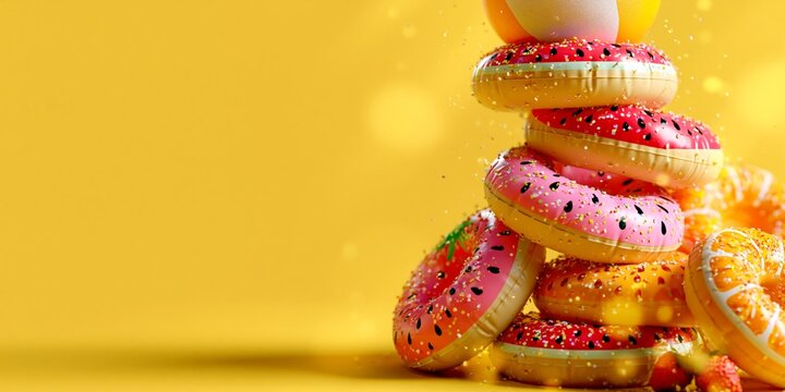 Vibrant stack of colorful inflatable fruit donut rings on a bright yellow background with summer vibes.