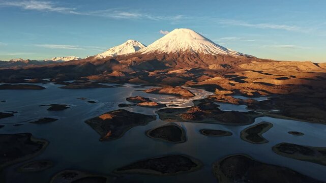 Parinacota Volcano above Cotacotani Lagoons in Chile