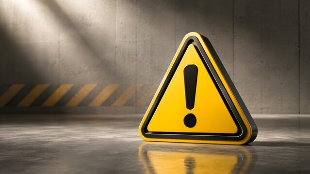 Yellow 3D Warning Triangle Sign On Concrete Floor In Industrial Warehouse With Sunlight