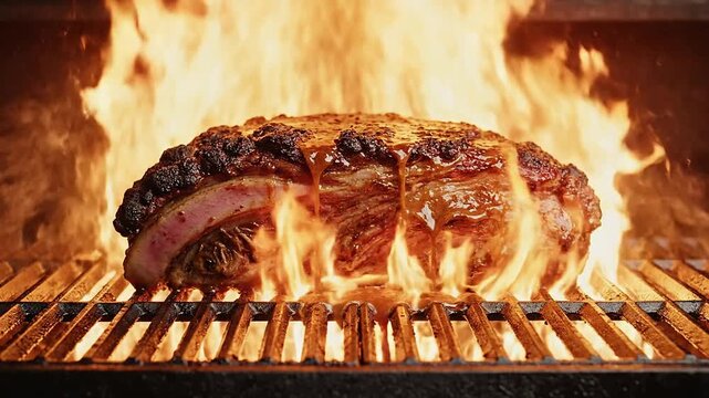 Succulent Barbecue Meat Grilled to Perfection with Saucy Drips on Grate in Dark Kitchen Setting Ready for Serving