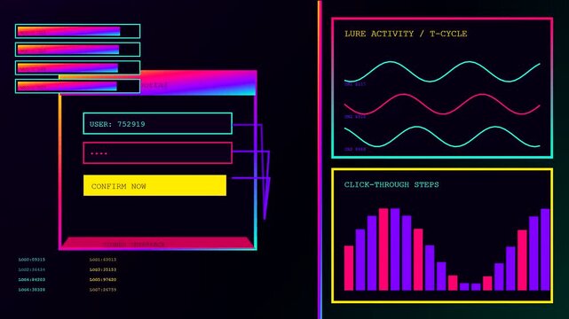A digital phishing alert appears on a glowing computer monitor showing abstract waveform graphs and numeric user data inputs within a dark cyber security interface