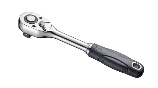 Professional chrome ratchet wrench with ergonomic rubber handle, steel socket wrench tool for automotive repair, hand tool on white background