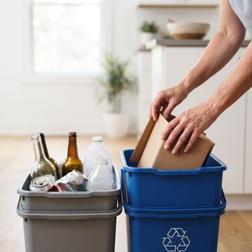 Hands sort recyclable materials into separate bins, one gray bin contains glass bottle, metal can and plastic bottle, while a blue bin with recycle symbol is ready for paper and cardboard.