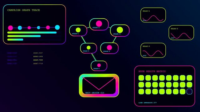A digital phishing alert display features multiple network stage nodes and flowing data line charts that shift in color across a dark glowing interface board