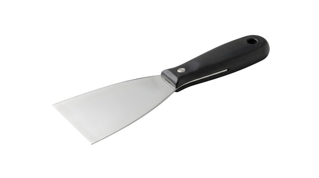 Professional metal putty knife with black handle. Stainless steel scraper tool for home renovation. Handheld construction spatula on white background.