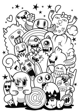 Hand-drawn illustrations, monsters doodle, Hand Drawn cartoon monster illustration,Cartoon crowd doodle hand-drawn Doodle style.black and white stripes coloring  book.