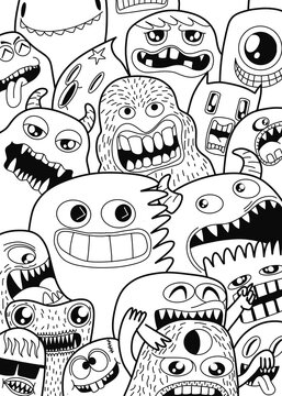 Hand-drawn illustrations, monsters doodle, Hand Drawn cartoon monster illustration,Cartoon crowd doodle hand-drawn Doodle style.black and white stripes coloring  book.