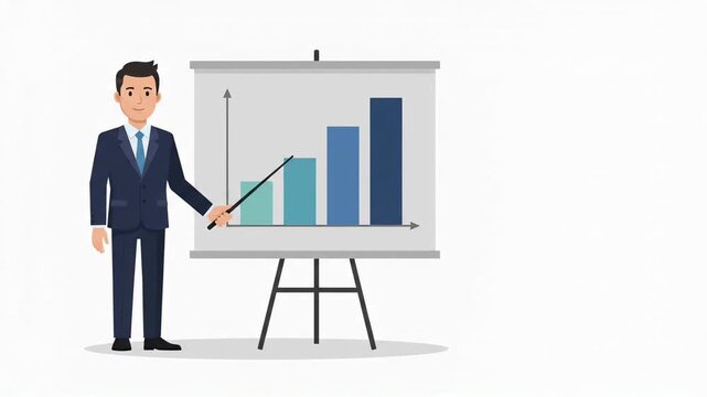 Businessman presenting growing business chart on flipchart animation