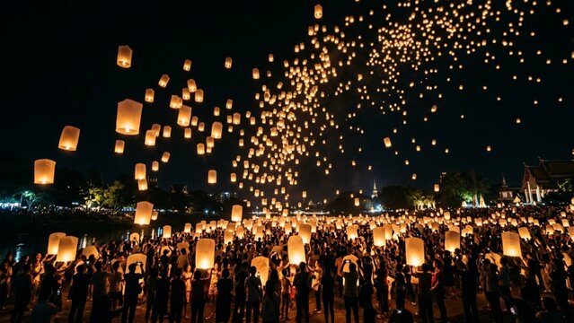 Spectacular Yi Peng Lantern Festival in Chiang Mai Thailand with Thousands of Glowing Sky Lanterns Released into the Night Sky by Crowd of People