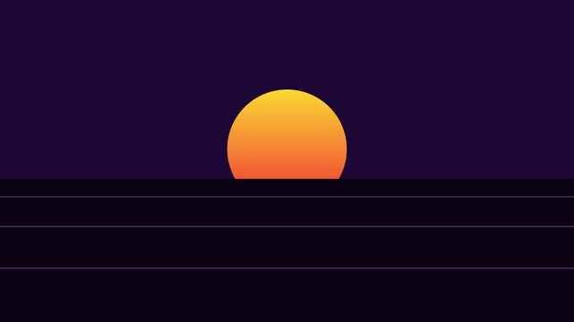 Retro synthwave sunset horizon with glowing sun and neon grid lines for digital backgrounds animation 4k