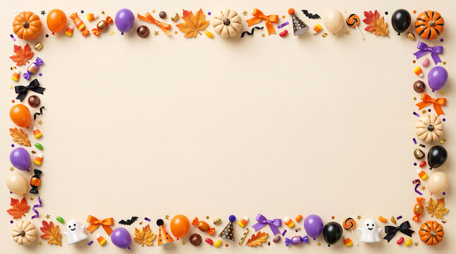 Halloween candy corn and pumpkin border frame on white background for festive design