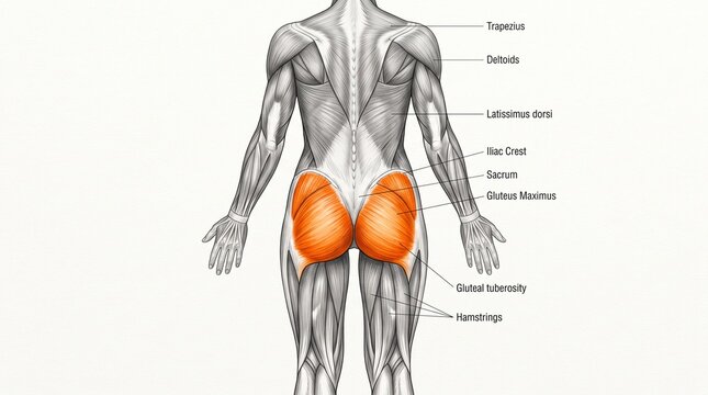 Human anatomy diagram showing gluteus maximus muscle highlighting