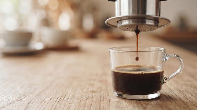 Vietnamese drip coffee maker brewing into a clear glass cup
