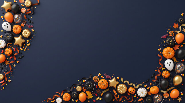 Spooky Halloween party garland with glowing orange pumpkin lights and black bats on dark background