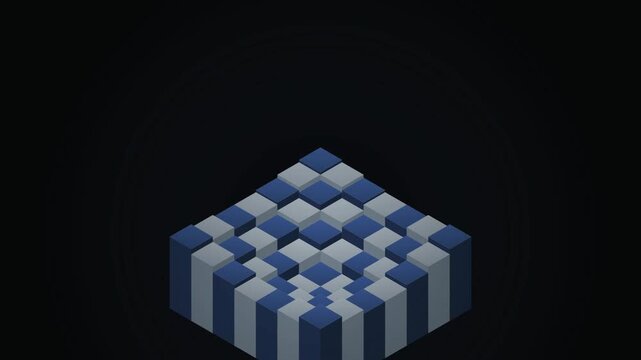 3D isometric animation of blue and gray checkered block grid
