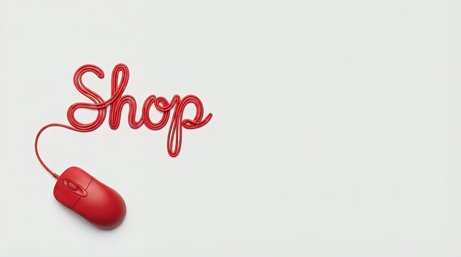 A creative conceptual image of a red mouse cable forming the word "Shop" symbolizing e-commerce and online shopping with horizontal composition and copy space. Red Mouse Cable Forming Shop Word shop