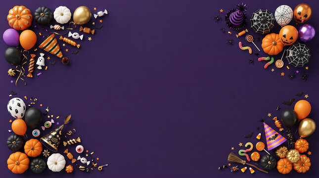 Halloween party decorations with orange pumpkins, purple flowers, and black branches on dark background