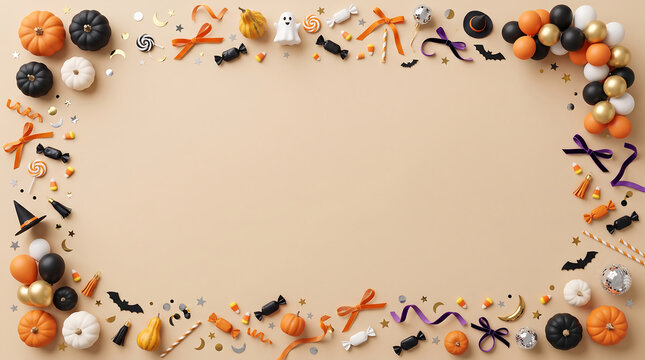 Halloween party border with spiders, bats, and pumpkins on beige background for festive decoration design