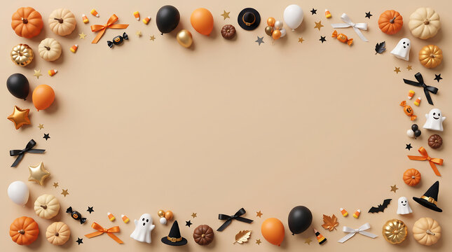 Halloween party border of assorted spooky candy, chocolate, and creepy decorations on neutral background