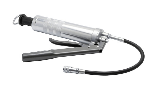 Professional grease gun with flexible hose, industrial lubrication tool for automotive maintenance, metallic manual lever grease pump
