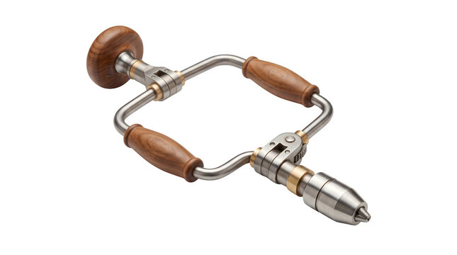 Vintage hand brace drill with wooden handles. Antique manual woodworking tool on white background. Traditional steel carpentry equipment.