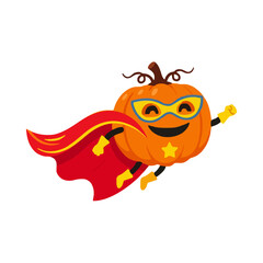 Naklejka premium Cute pumpkin superhero character with a red cape flying to the rescue, playful Halloween mascot concept