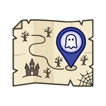 Old parchment treasure map with a spooky path leading to a ghost location pin, Halloween adventure concept