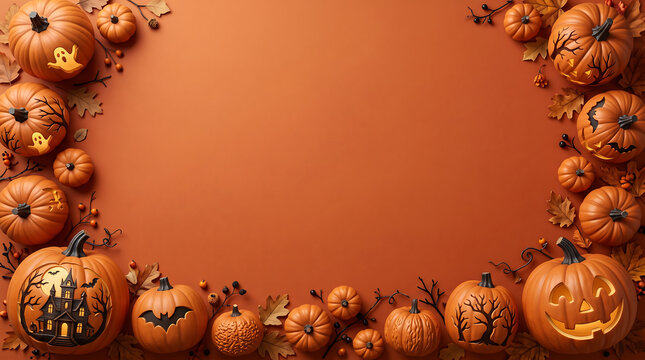Halloween pumpkins arranged in circle with flames on dark orange background for spooky celebration