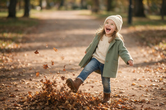 Little girl laughs, kicking autumn leaves. Dusty path, trees stand tall behind her. Cozy wool hat, green coat, blue jeans. Soft sunlight, warm autumn air. Ideal for seasonal joy, childhood play