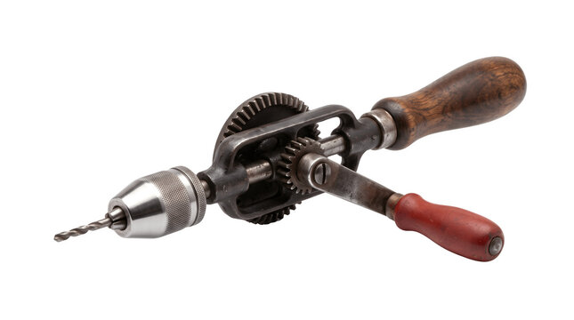 Vintage hand drill with wooden handle, antique manual rotary tool for woodworking, rustic metal hand-cranked drill on white background