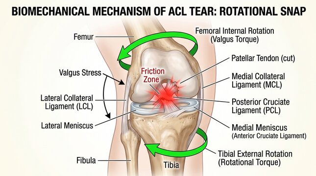 Biomechanical Diagram of ACL Tear with Rotational Snap
