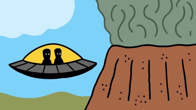 Cartoon UFO Flying with Mysterious Alien Figures Over a Natural Landscape