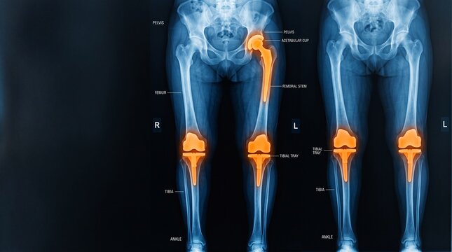 Medical X-ray showing total hip and knee joint replacements