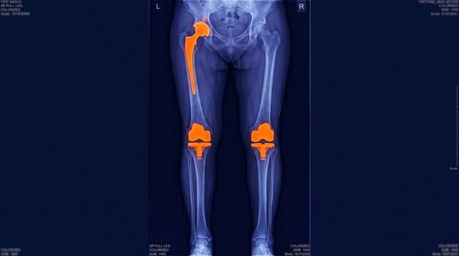 Colorized X-ray showing senior patient with hip and knee implants