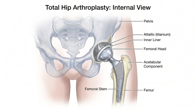 Total Hip Arthroplasty Medical Illustration with Labeled Components