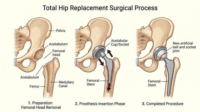 Total Hip Replacement Surgery Steps Medical Illustration Diagram