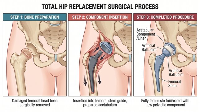 Total hip replacement surgical process diagram with prosthetic joint steps