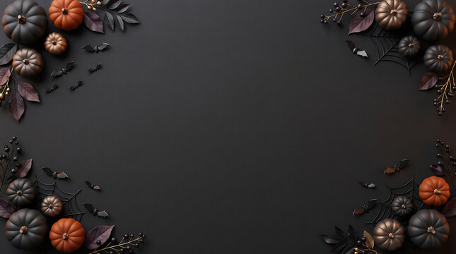 Minimalist Halloween frame with scattered orange pumpkins and black branches on dark background
