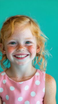 Portrait of a Happy Girl with Red Hair and Freckles in a Polka Dot Dress