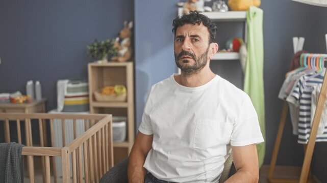 Man sitting beside wooden crib with hand on thigh in nursery, wearing white t shirt and facing camera; parental exhaustion.